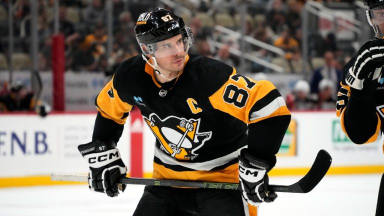 Pittsburgh Penguins' Sidney Crosby prepares to take a face-off during the second period of an NHL hockey game against the Anaheim Ducks in Pittsburgh, Monday, Oct. 30, 2023. (Gene J. Puskar/AP)