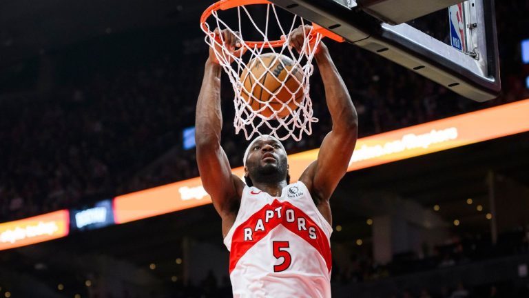 Toronto Raptors forward Precious Achiuwa dunks against the Washington Wizards during second half NBA basketball, in Toronto on Monday, November 13, 2023. (Christopher Katsarov/CP Photo)