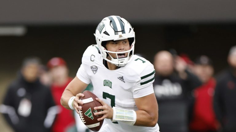 Ohio Bobcats quarterback Kurtis Rourke (7) looks to pass the ball. (Kamil Krzaczynski/AP)