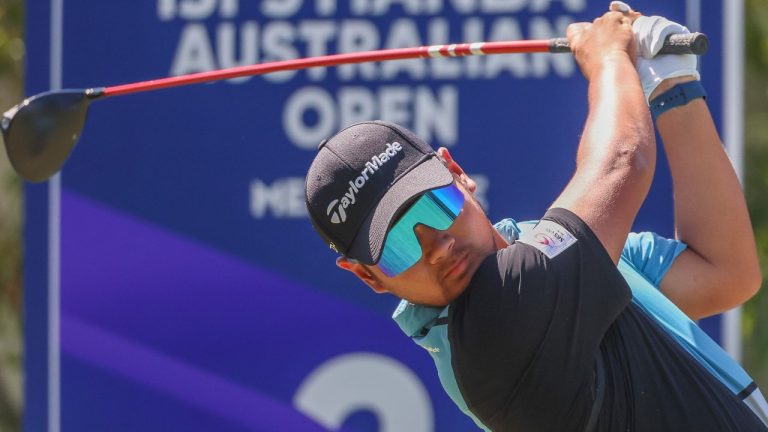 Japan's Ryo Hisatsune tees off on the second hole during the Australian Open golf championship at Victoria golf course in Melbourne, Australia, Sunday, Dec. 4, 2022. (Asanka Brendon Ratnayake/AP Photo)
