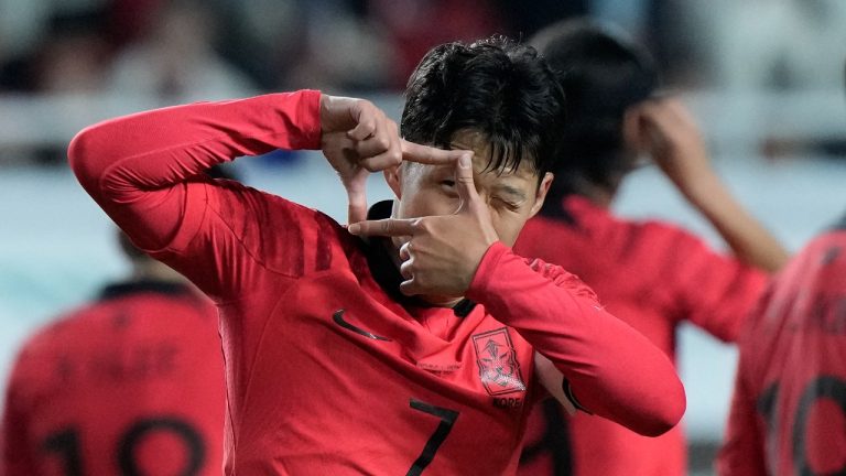South Korea's Son Heung-min celebrates after scoring a goal during an international friendly soccer match between South Korea and Vietnam in Suwon, South Korea, Tuesday, Oct. 17, 2023. (Ahn Young-joon/AP Photo).