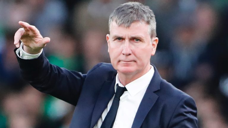 Ireland's head coach Stephen Kenny, right, gestures, during the UEFA Nations League soccer match between Ireland and Ukraine at the Aviva Stadium in Dublin, Ireland, Wednesday, June 8, 2022. (Peter Morrison/AP)