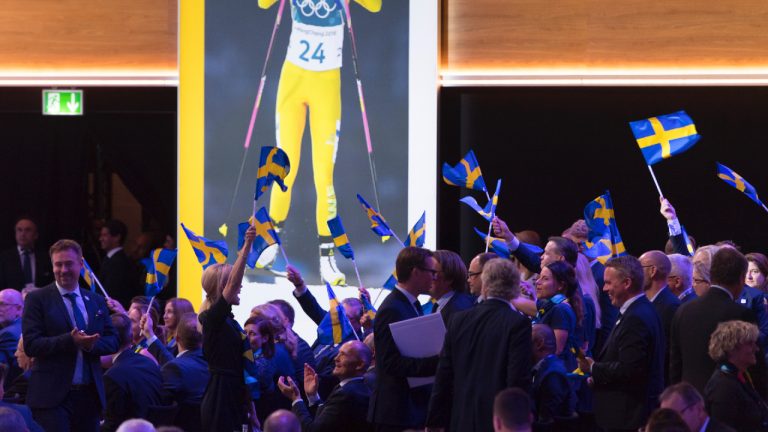 Stockholm-Are delegation members celebrate during the presentation final presentation of the Stockholm-Are candidate cities the first day of the 134th Session of the International Olympic Committee (IOC), at the SwissTech Convention Centre, in Lausanne, on June 24, 2019. Stockholm’s city council has publicly supported Sweden’s latest bid to get the 2030 Olympics ahead of key meetings Tuesday for potential Winter Games hosts. (Laurent Gillieron/Keystone via AP)