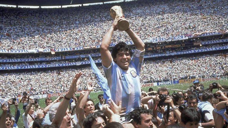 FILE - Argentina's Diego Maradona, celebrates at the end of the World Cup soccer final game against West Germany at the Atzeca Stadium, in Mexico City, June 29, 1986. Maradona died in November 2020. (Carlo Fumagalli/AP)