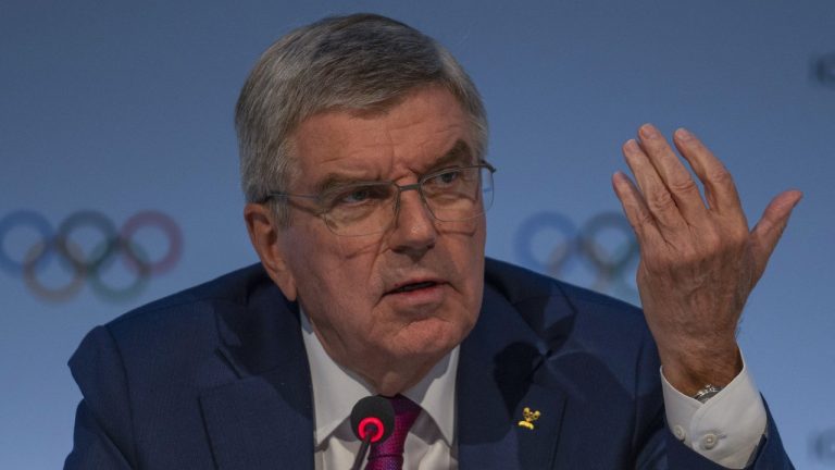 International Olympic Committee (IOC) President Thomas Bach speaks at a press conference after the second day of the 141st IOC session in Mumbai, India, Monday, Oct. 16, 2023. (Rafiq Maqbool/AP)