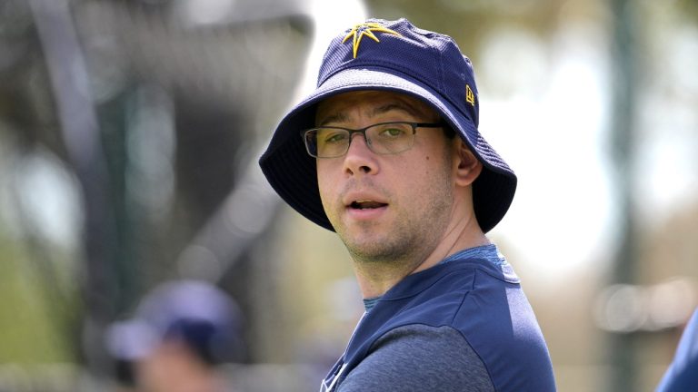 Tampa Bay Rays general manager Peter Bendix watches during practice at spring training baseball camp, Monday, Feb. 20, 2023, in Kissimmee, Fla. (Phelan M. Ebenhack/AP Photo)