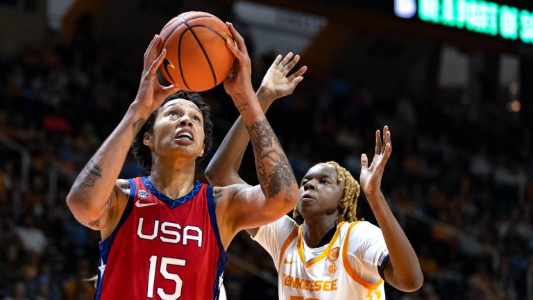 Team USA center Brittany Griner (15) looks to shoot past Tennessee forward Jillian Hollingshead (53) during the second half of an NCAA college basketball exhibition game, Sunday, Nov. 5, 2023, in Knoxville, Tenn. (Wade Payne/AP)