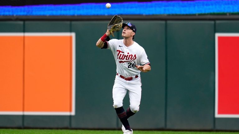 Minnesota Twins right fielder Max Kepler catches a fly out hit by Toronto Blue Jays' Alejandro Kirk during the fourth inning of Game 2 of an AL wild-card baseball playoff series Wednesday, Oct. 4, 2023, in Minneapolis. (Abbie Parr/AP)