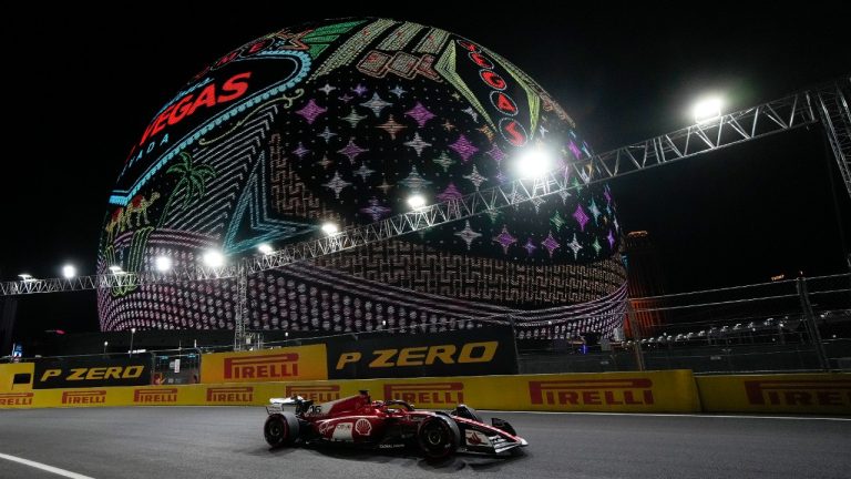 Ferrari driver Charles Leclerc, of Monaco, drives during the first practice session for the Formula One Las Vegas Grand Prix auto race Thursday, Nov. 16, 2023, in Las Vegas. (John Locher/AP)