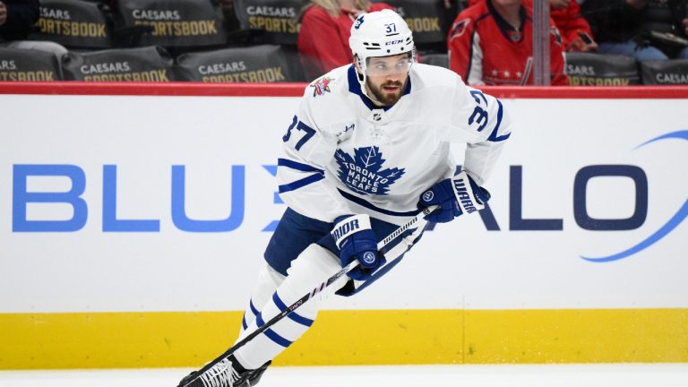 Toronto Maple Leafs defenseman Timothy Liljegren (37) in action during the first period of an NHL hockey game against the Washington Capitals, Tuesday, Oct. 24, 2023, in Washington. (Nick Wass/AP)