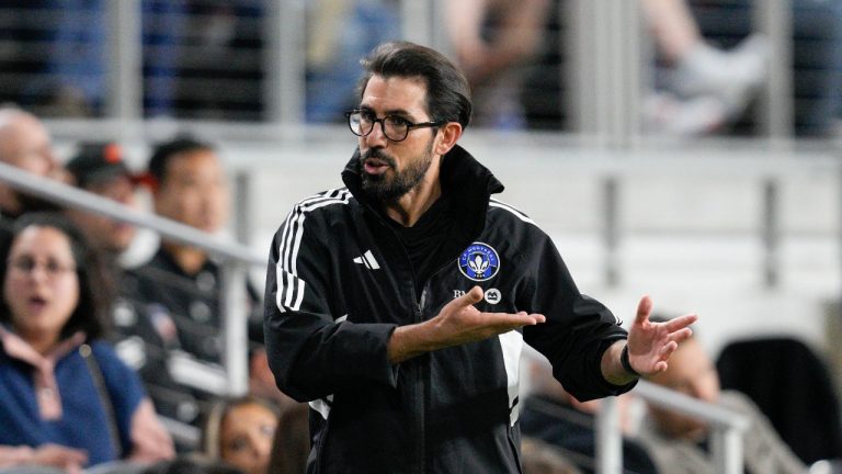 CF Montreal head coach Hernán Losada gestures on the sidelines during an MLS soccer match against FC Cincinnati Wednesday, May 17, 2023, in Cincinnati. (Jeff Dean/AP Photo)