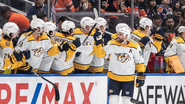 Nashville Predators' Ryan O'Reilly (90) celebrates a goal against the Edmonton Oilers during second period NHL action in Edmonton on Saturday November 4, 2023. (Jason Franson/CP)