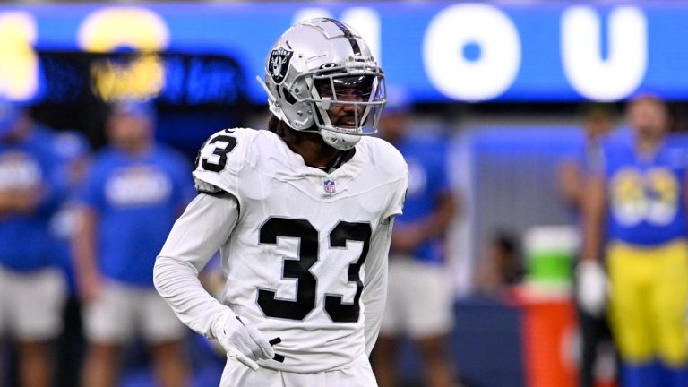 Las Vegas Raiders safety Roderic Teamer lines up against the Los Angeles Rams during the first half of a preseason NFL football game Saturday, Aug. 19, 2023, in Inglewood, Calif. (Alex Gallardo/AP)