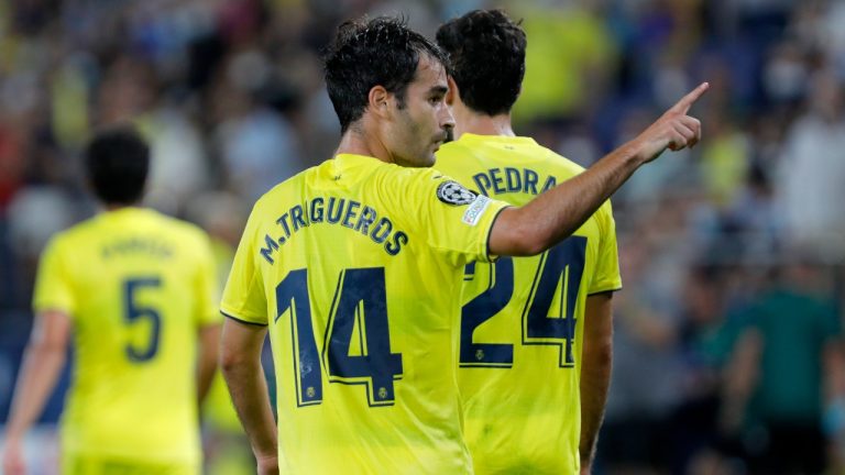 Villarreal's Manu Trigueros celebrates after scoring his side's first goal during a Champions League, Group F, soccer match between Villarreal and Atalanta in Villarreal, Spain, Tuesday, Sep. 14, 2021. (Alberto Saiz/AP)