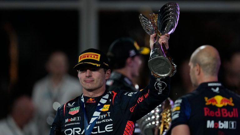 Red Bull driver Max Verstappen of the Netherlands celebrates after winning the Abu Dhabi Formula One Grand Prix race at the Yas Marina Circuit, Abu Dhabi, UAE, Sunday, Nov. 26, 2023. (Kamran Jebreili/AP)
