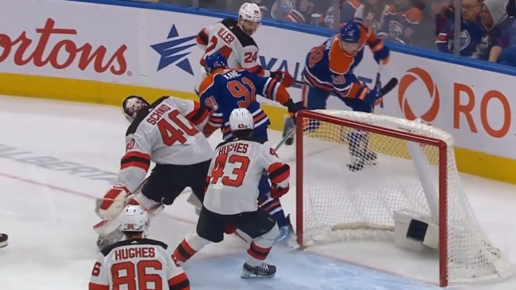 Brown’s first goal with Oilers overturned after Devils challenge for