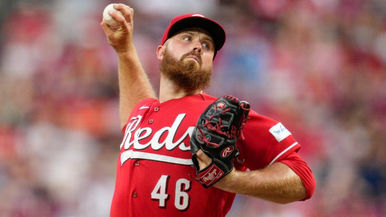 Cincinnati Reds relief pitcher Buck Farmer (46) throws during a baseball game against the Miami Marlins Tuesday, Aug. 8, 2023, in Cincinnati. (Jeff Dean/AP)