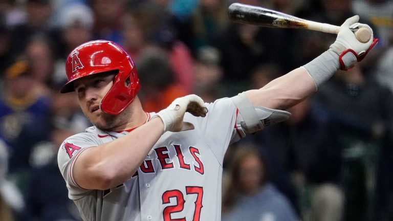Los Angeles Angels' Mike Trout bats during the first inning of a baseball game against the Milwaukee Brewers Sunday, April 30, 2023, in Milwaukee. (AP Photo/Aaron Gash)
