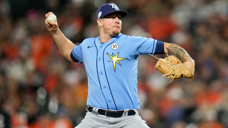 Tampa Bay Rays relief pitcher Chris Devenski throws in the ninth inning of a baseball game between the Baltimore Orioles and the Tampa Bay Rays, Friday, Sept. 15, 2023, in Baltimore. The Rays won 7-1. (Julio Cortez/AP)