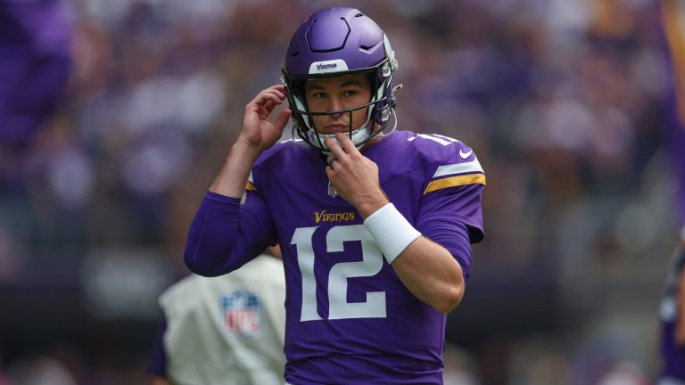 Minnesota Vikings quarterback Nick Mullens (12) warms up before an NFL football game against the Los Angeles Chargers, Sunday, Sept.24, 2023 in Minneapolis. (Stacy Bengs/AP) 
