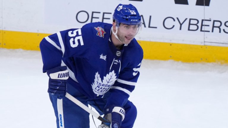 Toronto Maple Leafs defenseman Mark Giordano (55) skates during the second period of an NHL hockey game against the Boston Bruins, Thursday, Nov. 2, 2023, in Boston. (Steven Senne/AP)