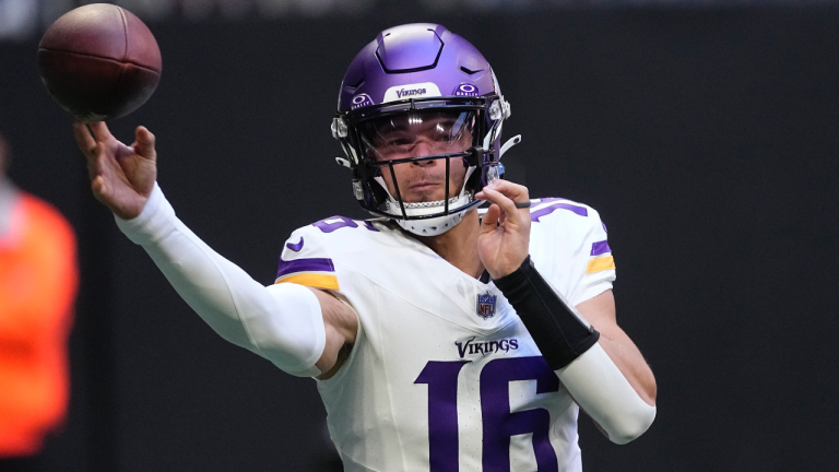 Minnesota Vikings quarterback Jaren Hall (16) throws a pass during the first half of an NFL football game against the Atlanta Falcons, Sunday, Nov. 5, 2023, in Atlanta. (AP Photo/John Bazemore)