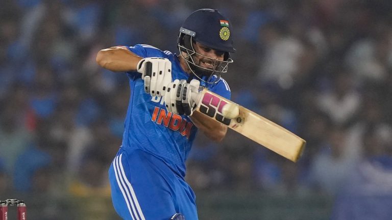India's Rinku Singh plays a shot during the fourth T20 cricket match between Australia and India in Raipur, India, Friday, Dec. 1, 2023. (AP)