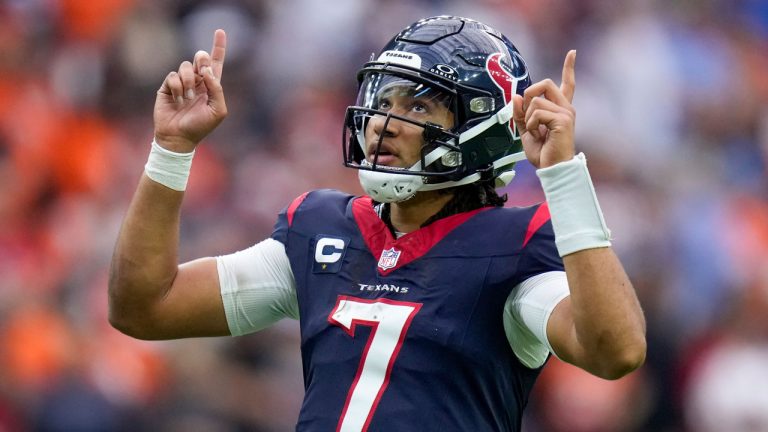 Houston Texans quarterback C.J. Stroud (7) reacts to a play against the Denver Broncos during the first half of an NFL football game Sunday, Dec. 3, 2023, in Houston. (Eric Christian Smith/AP)