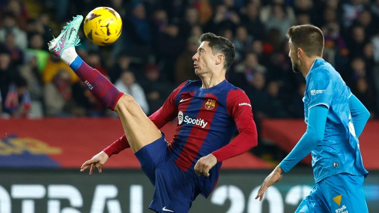 Barcelona's Robert Lewandowski in action during the Spanish La Liga soccer match between Barcelona and Almeria at the Olimpic Lluis Companys stadium in Barcelona, Spain, Wednesday, Dec. 20, 2023. (Joan Monfort/AP)