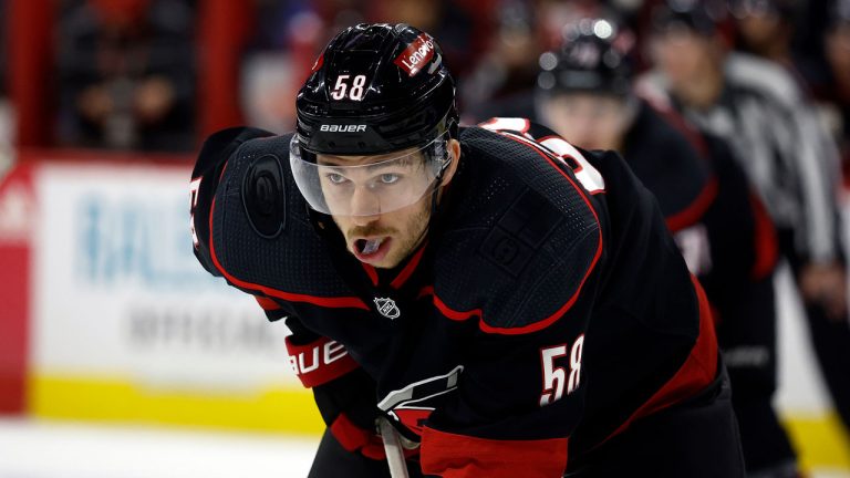 Carolina Hurricanes' Michael Bunting (58) watches the puck against the Vegas Golden Knights during the second period of an NHL hockey game in Raleigh, N.C., Tuesday, Dec. 19, 2023. (Karl B DeBlaker/AP)