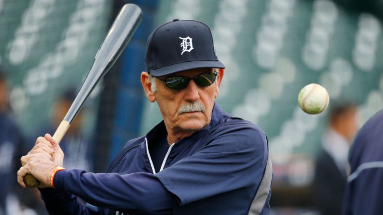 Detroit Tigers manager Jim Leyland hits during fielding practice before Game 3 of the American League baseball championship series against the Boston Red Sox Tuesday, Oct. 15, 2013, in Detroit. (Paul Sancya/AP)