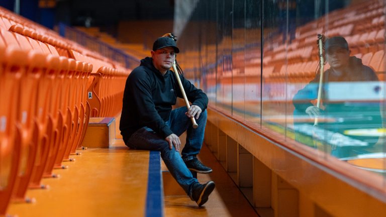Cody Jamieson, a professional lacrosse player from Six Nations of the Grand River, says it would be a huge achievement and an honour to represent the Haudenosaunee people at the 2028 Los Angeles Olympic Games. Jamieson poses for a portrait at the Iroquois Lacrosse Arena, in Hagersville, Ont., Friday, Oct. 20, 2023. (Carlos Osorio/CP)