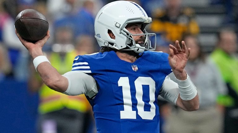 Indianapolis Colts quarterback Gardner Minshew (10) throws a pass during the first half of an NFL football game against the Pittsburgh Steelers in Indianapolis Saturday, Dec. 16, 2023. (Darron Cummings/AP)