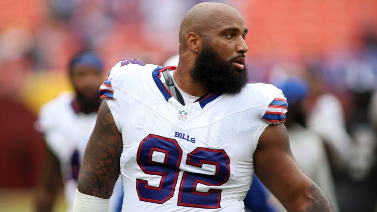 Buffalo Bills defensive tackle DaQuan Jones (92) pictured after an NFL football game against the Washington Commanders. (Daniel Kucin Jr./AP)