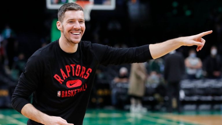 Toronto Raptors' Goran Dragic warms up before an NBA basketball game against the Boston Celtics, Wednesday, Nov. 10, 2021, in Boston. (Michael Dwyer/AP Photo)