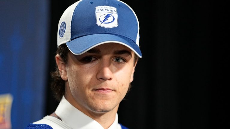 Ethan Gauthier speaks to the media after being picked by the Tampa Bay Lightning during the second round of the NHL hockey draft Thursday, June 29, 2023, in Nashville, Tenn. (AP Photo/George Walker IV)