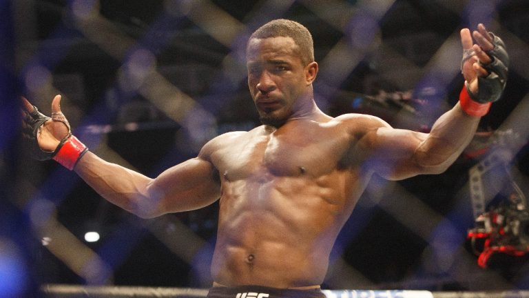 Geoff Neal celebrates the win over Niko Price during UFC 240, in Edmonton on Saturday, July 27, 2019. (Jason Franson/CP)