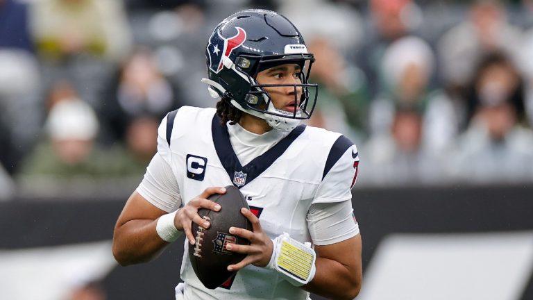 Houston Texans quarterback C.J. Stroud (7) passes against the New York Jets during the first quarter of an NFL football game, Sunday, Dec. 10, 2023, in East Rutherford, N.J. (Adam Hunger/AP)