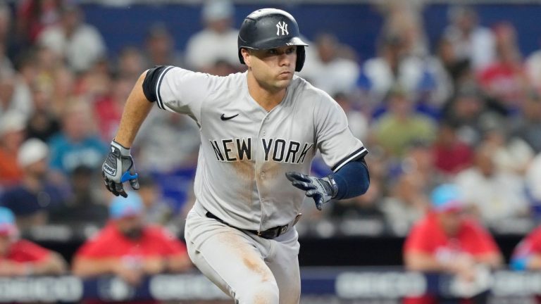 New York Yankees' Isiah Kiner-Falefa runs to first base during a baseball game against the Miami Marlins, Saturday, Aug. 12, 2023, in Miami. (Marta Lavandier/AP Photo)