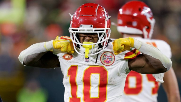 Kansas City Chiefs running back Isiah Pacheco (10) reacts to a run against the Green Bay Packers during the second half of an NFL football game Sunday, Dec. 3, 2023 in Green Bay, Wis. (Matt Ludtke/AP)