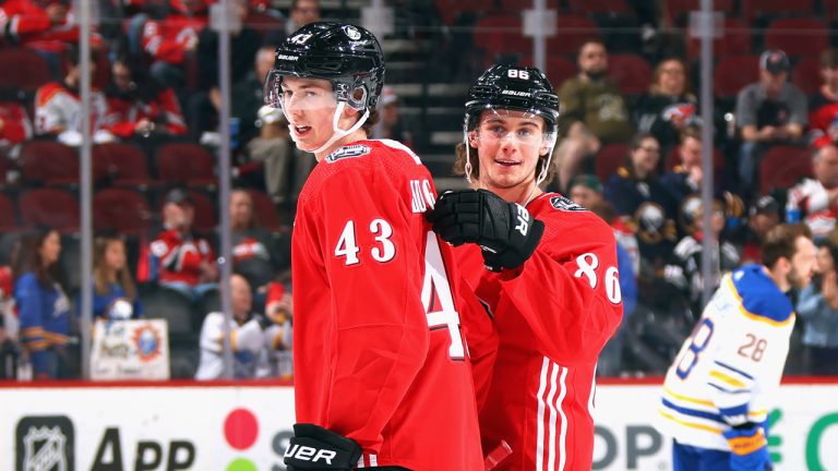 Brothers and New Jersey Devils stars Jack (right) and Luke Hughes in warmups ahead of Luke's first NHL game in April 2023. (Photo by Bruce Bennett/Getty Images)