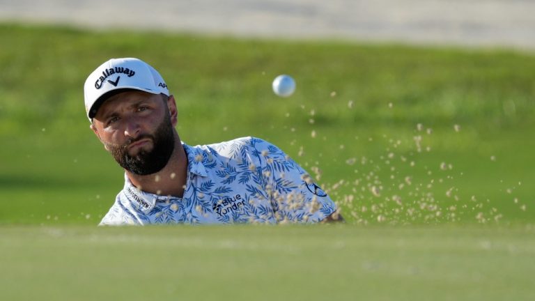 Jon Rahm, of Spain, hits out of a greenside bunker on the 16th hole during the first round of the Hero World Challenge PGA Tour at the Albany Golf Club, in New Providence, Bahamas, Thursday, Dec. 1, 2022 (Fernando Llano/AP Photo)