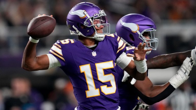 Minnesota Vikings quarterback Joshua Dobbs (15) throws a pass during the first half of an NFL football game against the Chicago Bears, Monday, Nov. 27, 2023, in Minneapolis. (Abbie Parr/AP)