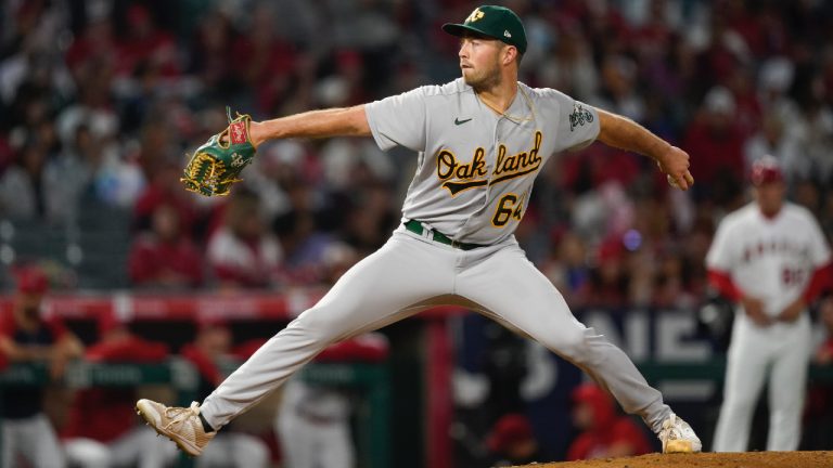 Oakland Athletics starting pitcher Ken Waldichuk throws to a Los Angeles Angels batter during the first inning of a baseball game Friday, Sept. 29, 2023, in Anaheim, Calif. (Ryan Sun/AP)