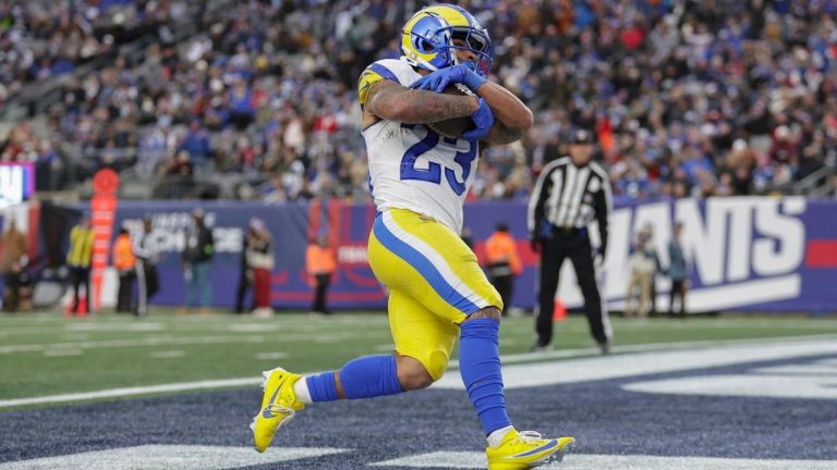 Los Angeles Rams running back Kyren Williams runs in a touchdown during the second half an NFL football game against the New York Giants, Sunday, Dec. 31, 2023, in East Rutherford, N.J. (Adam Hunger/AP Photo)
