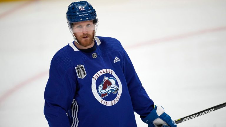 Colorado Avalanche left wing Gabriel Landeskog takes part in an NHL hockey practice before Game 1 of the Stanley Cup Finals against the Tampa Bay Lightning, Tuesday, June 14, 2022, in Denver. (David Zalubowski/AP Photo)