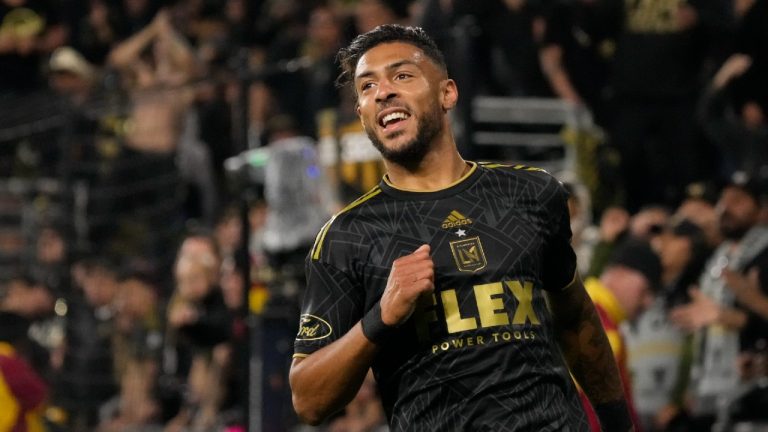 Los Angeles FC forward Denis Bouanga smiles during the second half in the MLS playoff Western Conference final soccer match against Houston Dynamo, Saturday, Dec. 2, 2023, in Los Angeles. (Marcio Jose Sanchez/AP)