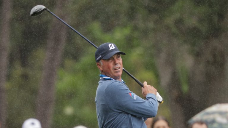 Matt Kuchar tees off during the final round of the PNC Championship golf tournament Sunday, Dec. 17, 2023, in Orlando, Fla. (AP Photo/Kevin Kolczynski)