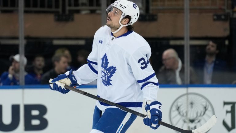 Toronto Maple Leafs' Auston Matthews looks up after scoring during the first period of an NHL hockey game against the New York Rangers, Tuesday, Dec. 12, 2023, in New York. (Seth Wenig/AP)
