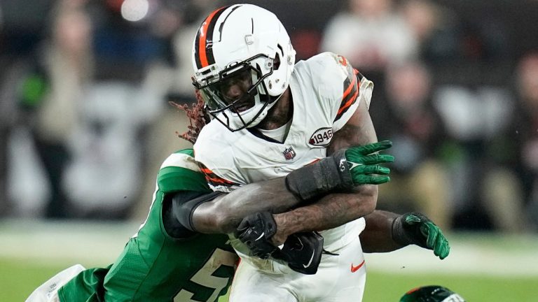 Cleveland Browns wide receiver Elijah Moore is injured on a play after getting is tackled by New York Jets linebacker C.J. Mosley during the first half of an NFL football game Thursday, Dec. 28, 2023, in Cleveland. (Sue Ogrocki/AP Photo)
